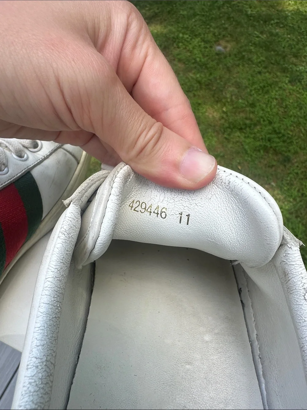 Gucci White Leather Sneakers with Red & Green Stripe and Metallic Heel Accents